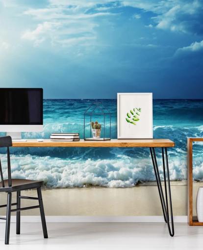 blue tropical beach wallpaper mural called Waves at Seychelles Beach for offices, bedrooms and bathrooms