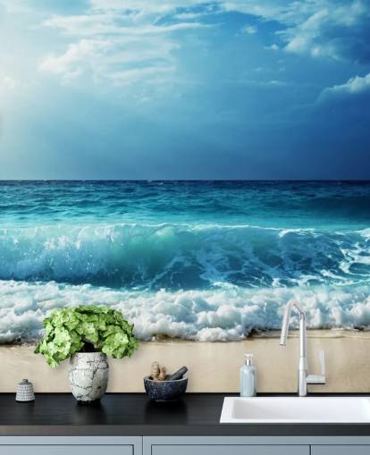 sininen trooppinen ranta taustakuvamaalaus nimeltä Waves at Seychelles Beach toimistoihin, makuuhuoneisiin ja kylpyhuoneisiin sininen trooppinen ranta taustakuvamaalaus nimeltä Waves at Seychelles Beach toimistoihin, makuuhuoneisiin ja kylpyhuoneisiin