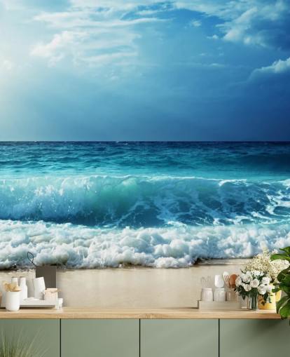 carta da parati murale blu tropicale chiamata Waves at Seychelles Beach per uffici, camere da letto e bagni