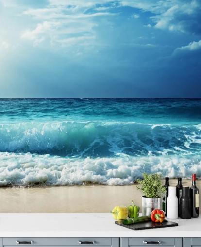 sininen trooppinen ranta taustakuvamaalaus nimeltä Waves at Seychelles Beach toimistoihin, makuuhuoneisiin ja kylpyhuoneisiin