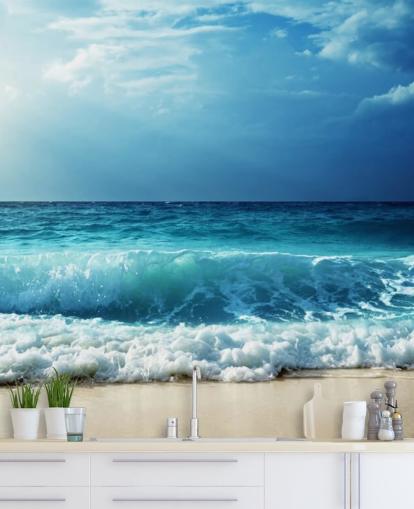 mural de papel de parede de praia tropical azul chamado Waves at Seychelles Beach para escritórios, quartos e banheiros