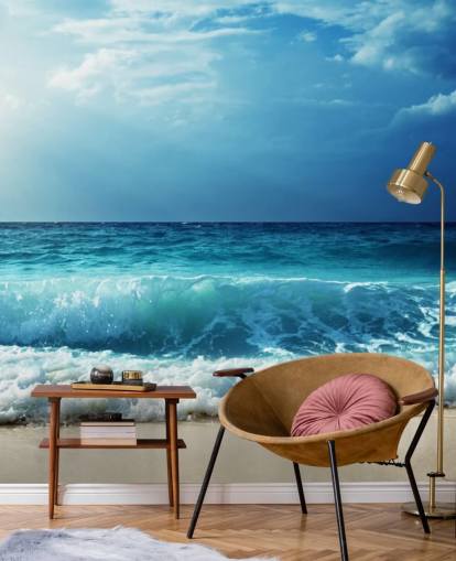 blue tropical beach wallpaper mural called Waves at Seychelles Beach for offices, bedrooms and bathrooms