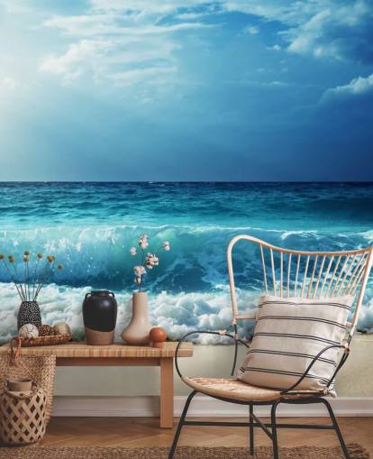 papier peint mural de plage tropicale bleu appelé Waves at Seychelles Beach pour les bureaux, les chambres et les salles de bains papier peint mural de plage tropicale bleu appelé Waves at Seychelles Beach pour les bureaux, les chambres et les salles de bains