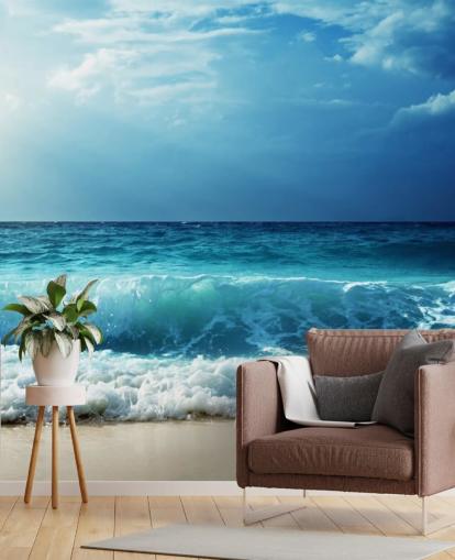 blauwe tropische strandmuurschildering genaamd Waves at Seychelles Beach voor kantoren, slaapkamers en badkamers blauwe tropische strandmuurschildering genaamd Waves at Seychelles Beach voor kantoren, slaapkamers en badkamers