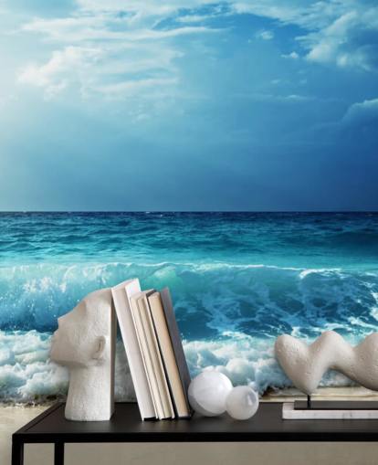 blue tropical beach wallpaper mural called Waves at Seychelles Beach for offices, bedrooms and bathrooms blue tropical beach wallpaper mural called Waves at Seychelles Beach for offices, bedrooms and bathrooms