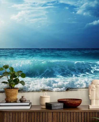 blue tropical beach wallpaper mural called Waves at Seychelles Beach for offices, bedrooms and bathrooms