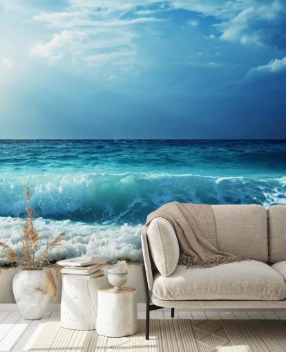 papier peint mural de plage tropicale bleu appelé Waves at Seychelles Beach pour les bureaux, les chambres et les salles de bains