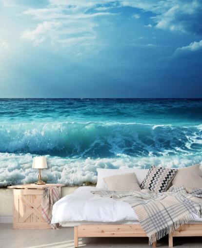 Blaues tropisches Strandtapeten-Wandbild namens Waves at Seychelles Beach für Büros, Schlafzimmer und Badezimmer