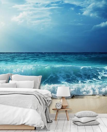 blauwe tropische strandmuurschildering genaamd Waves at Seychelles Beach voor kantoren, slaapkamers en badkamers blauwe tropische strandmuurschildering genaamd Waves at Seychelles Beach voor kantoren, slaapkamers en badkamers