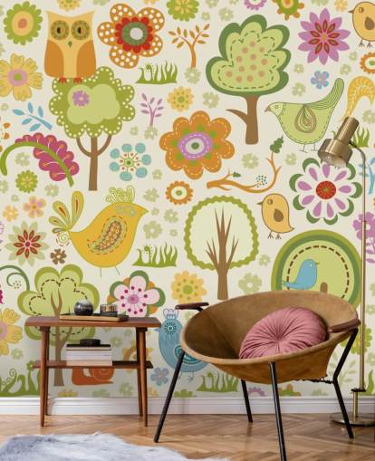 Carta da parati con uccelli colorati