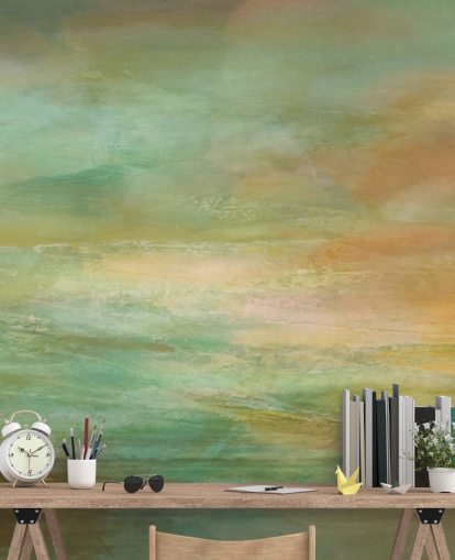 oranje en blauwe panoramische abstracte muurschildering genaamd Auric Horizon Panoramic van Annette Schmucker oranje en blauwe panoramische abstracte muurschildering genaamd Auric Horizon Panoramic van Annette Schmucker