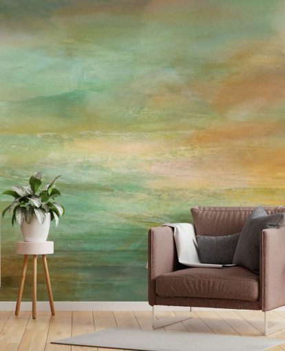 orange og blå panoramisk abstrakt vægmaleri kaldet Auric Horizon Panoramic fra Annette Schmucker