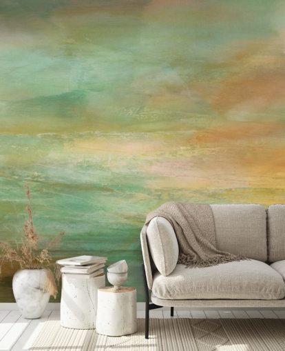 peinture murale abstraite panoramique orange et bleue appelée Auric Horizon Panoramic d'Annette Schmucker