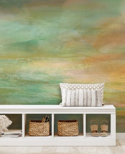 peinture murale abstraite panoramique orange et bleue appelée Auric Horizon Panoramic d'Annette Schmucker peinture murale abstraite panoramique orange et bleue appelée Auric Horizon Panoramic d'Annette Schmucker
