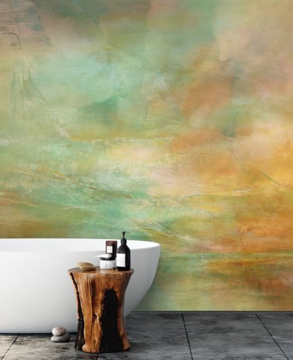 murale astratto arancione e blu chiamato Auric Horizon di Annette Schmucker murale astratto arancione e blu chiamato Auric Horizon di Annette Schmucker