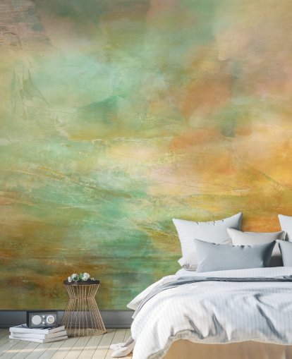 oranje en blauwe abstracte muurschildering genaamd Auric Horizon van Annette Schmucker oranje en blauwe abstracte muurschildering genaamd Auric Horizon van Annette Schmucker