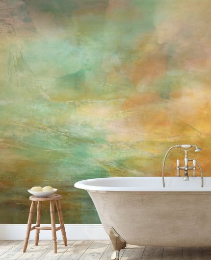 mural abstrato laranja e azul chamado Auric Horizon de Annette Schmucker mural abstrato laranja e azul chamado Auric Horizon de Annette Schmucker