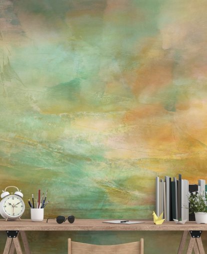 oranje en blauwe abstracte muurschildering genaamd Auric Horizon van Annette Schmucker oranje en blauwe abstracte muurschildering genaamd Auric Horizon van Annette Schmucker