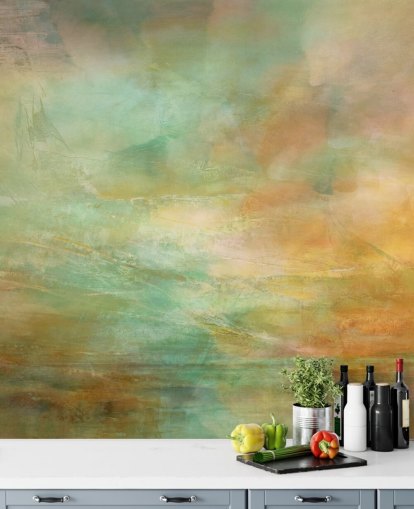 mural abstrato laranja e azul chamado Auric Horizon de Annette Schmucker mural abstrato laranja e azul chamado Auric Horizon de Annette Schmucker
