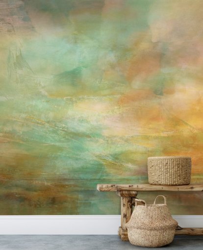 peinture murale abstraite orange et bleue intitulée Auric Horizon d'Annette Schmucker peinture murale abstraite orange et bleue intitulée Auric Horizon d'Annette Schmucker