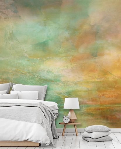 peinture murale abstraite orange et bleue intitulée Auric Horizon d'Annette Schmucker peinture murale abstraite orange et bleue intitulée Auric Horizon d'Annette Schmucker