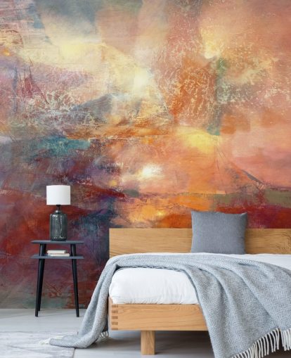 oranje en rode abstracte muurschildering genaamd Cores of Burning Amber van Annette Schmucker