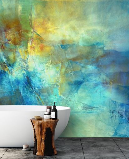 mural abstrato azul e amarelo personalizado chamado Ember at the Heart of the Deep, de Annette Schmucker mural abstrato azul e amarelo personalizado chamado Ember at the Heart of the Deep, de Annette Schmucker