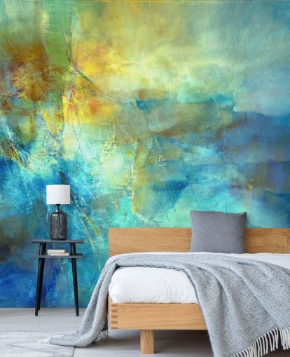 peinture murale abstraite bleue et jaune personnalisée appelée Ember at the Heart of the Deep d'Annette Schmucker peinture murale abstraite bleue et jaune personnalisée appelée Ember at the Heart of the Deep d'Annette Schmucker