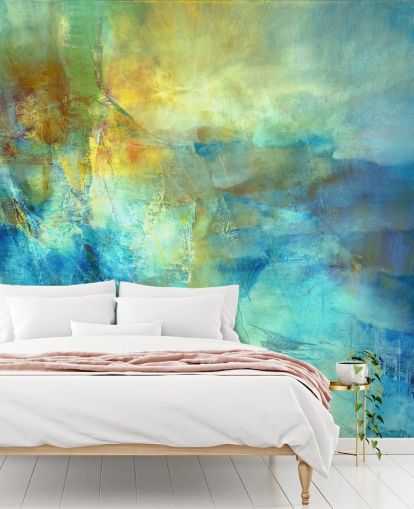 custom blue and yellow abstract mural called Ember at the Heart of the Deep from Annette Schmucker custom blue and yellow abstract mural called Ember at the Heart of the Deep from Annette Schmucker