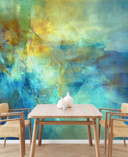 mural abstracto azul y amarillo personalizado llamado Ember at the Heart of the Deep de Annette Schmucker