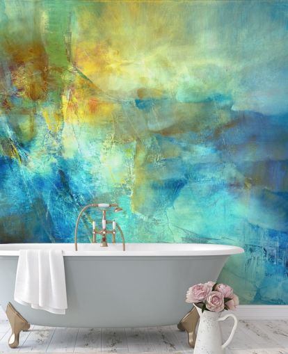 peinture murale abstraite bleue et jaune personnalisée appelée Ember at the Heart of the Deep d'Annette Schmucker