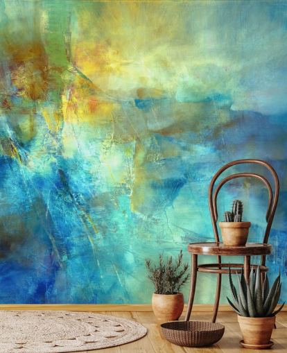 custom blue and yellow abstract mural called Ember at the Heart of the Deep from Annette Schmucker