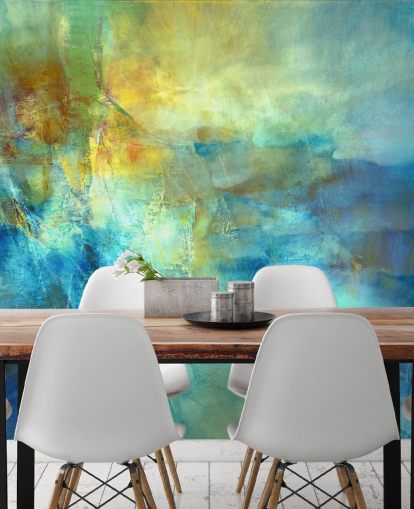 murale astratto blu e giallo personalizzato chiamato Ember at the Heart of the Deep di Annette Schmucker murale astratto blu e giallo personalizzato chiamato Ember at the Heart of the Deep di Annette Schmucker