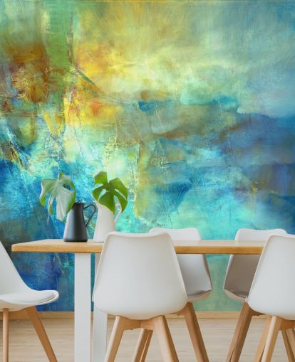 aangepaste blauwe en gele abstracte muurschildering genaamd Ember at the Heart of the Deep van Annette Schmucker
