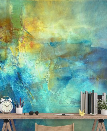 custom blue and yellow abstract mural called Ember at the Heart of the Deep from Annette Schmucker