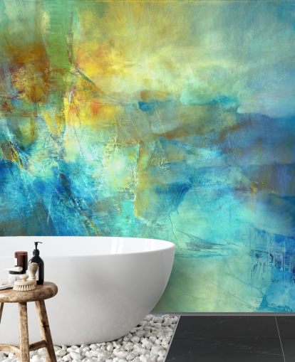 individuelles blau-gelbes abstraktes Wandbild namens Ember at the Heart of the Deep von Annette Schmucker