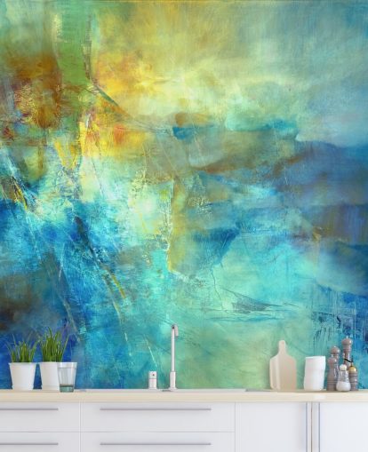 aangepaste blauwe en gele abstracte muurschildering genaamd Ember at the Heart of the Deep van Annette Schmucker aangepaste blauwe en gele abstracte muurschildering genaamd Ember at the Heart of the Deep van Annette Schmucker