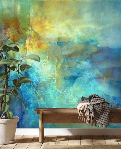 mural abstrato azul e amarelo personalizado chamado Ember at the Heart of the Deep, de Annette Schmucker mural abstrato azul e amarelo personalizado chamado Ember at the Heart of the Deep, de Annette Schmucker