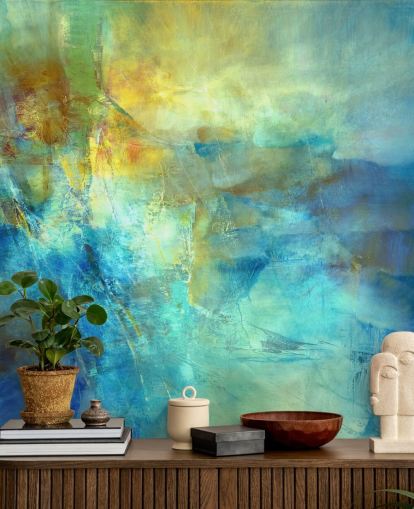 mukautettu sininen ja keltainen abstrakti seinämaalaus nimeltä Ember at the Heart of the Deep Annette Schmuckerilta mukautettu sininen ja keltainen abstrakti seinämaalaus nimeltä Ember at the Heart of the Deep Annette Schmuckerilta