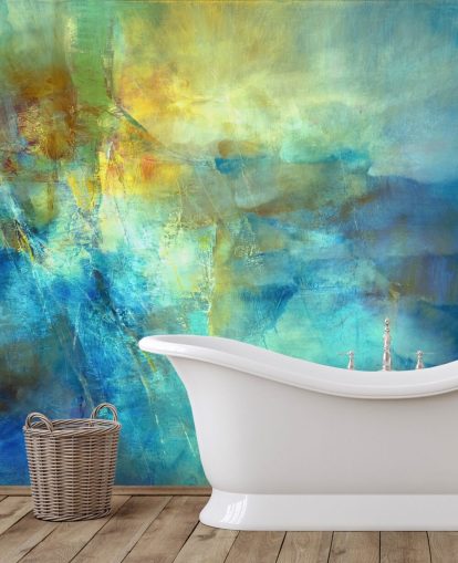 custom blue and yellow abstract mural called Ember at the Heart of the Deep from Annette Schmucker