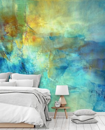 individuelles blau-gelbes abstraktes Wandbild namens Ember at the Heart of the Deep von Annette Schmucker