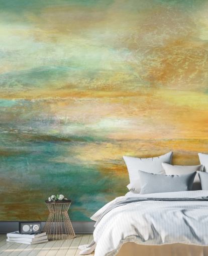 custom orange and blue abstract panoramic mural called Ember of Evening Panoramic from Annette Schmucker