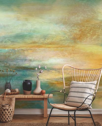 murale panoramico astratto personalizzato arancione e blu chiamato Ember of Evening Panoramic di Annette Schmucker