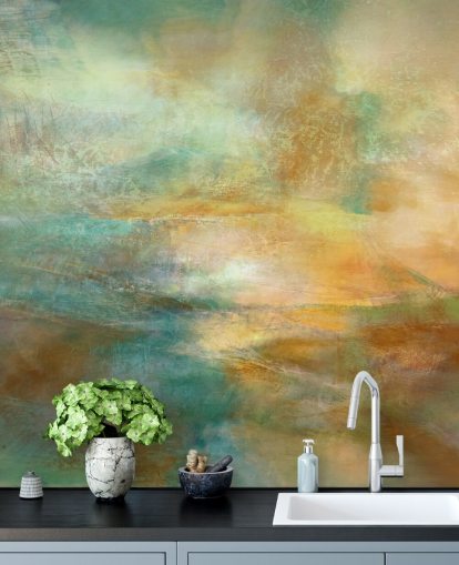 aanpasbare abstracte muurschildering genaamd Ember of Evening van Annette Schmucker voor slaapkamers en woonkamers