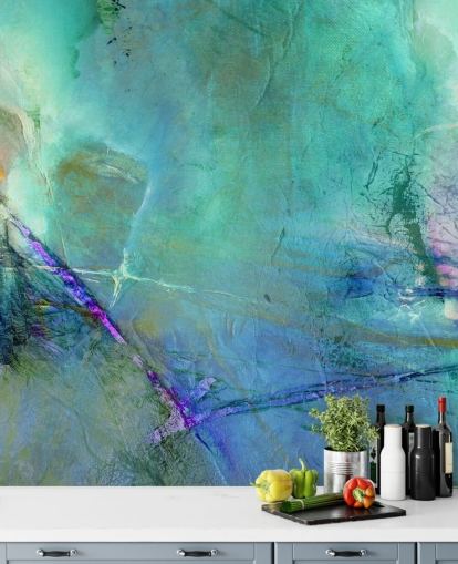 mural abstracto azul personalizable llamado Flying Away into the Distance de Annette Schmucker