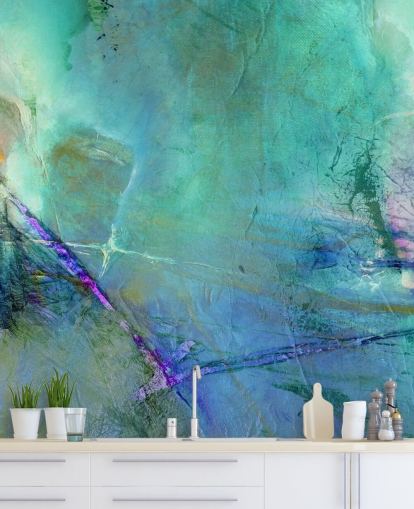 customisable blue abstract mural called Flying Away into the Distance by Annette Schmucker