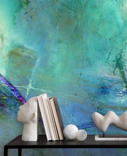 mural abstrato azul personalizável chamado Flying Away into the Distance, de Annette Schmucker