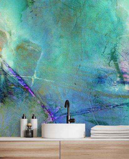 peinture murale abstraite bleue personnalisable intitulée Flying Away into the Distance par Annette Schmucker