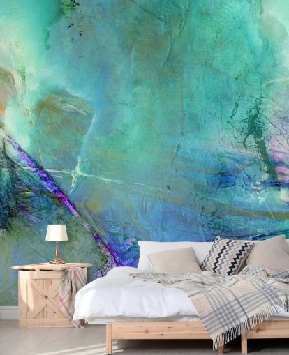 aanpasbare blauwe abstracte muurschildering genaamd Flying Away into the Distance van Annette Schmucker aanpasbare blauwe abstracte muurschildering genaamd Flying Away into the Distance van Annette Schmucker
