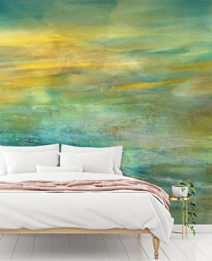aanpasbare abstracte muurschildering genaamd Green and Blue in Golden Glow Panoramic van Annette Schmucker